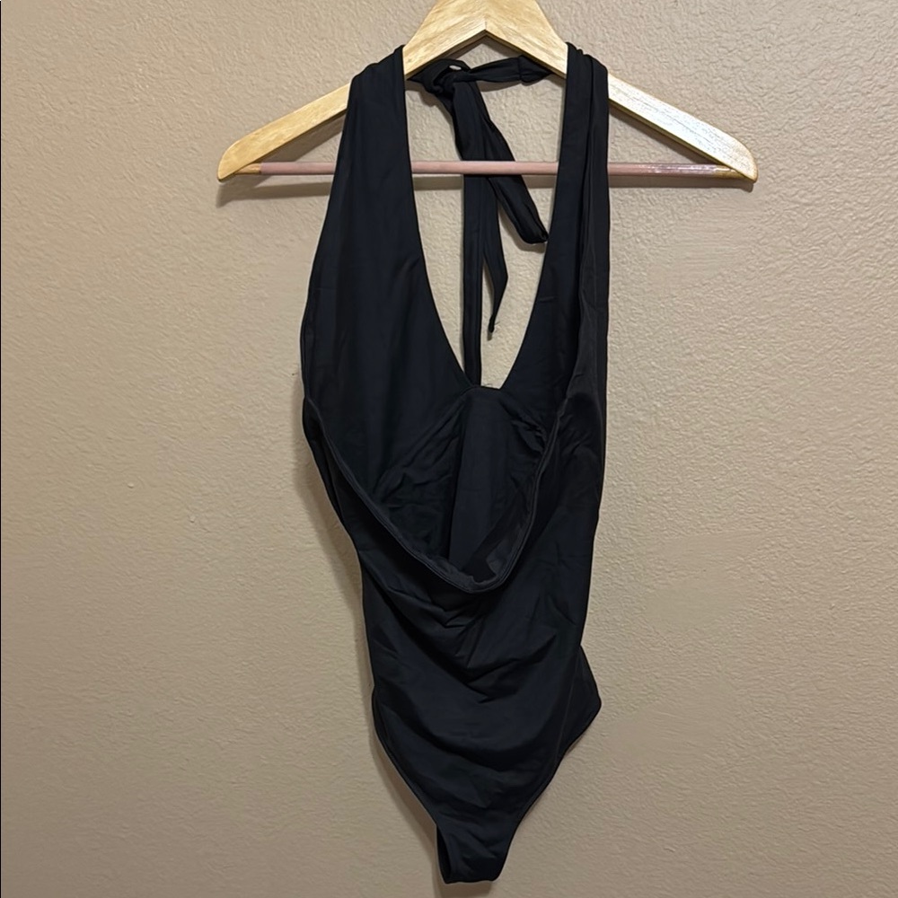 ReoRia Black Halter One-Piece Swimsuit with Draped Front